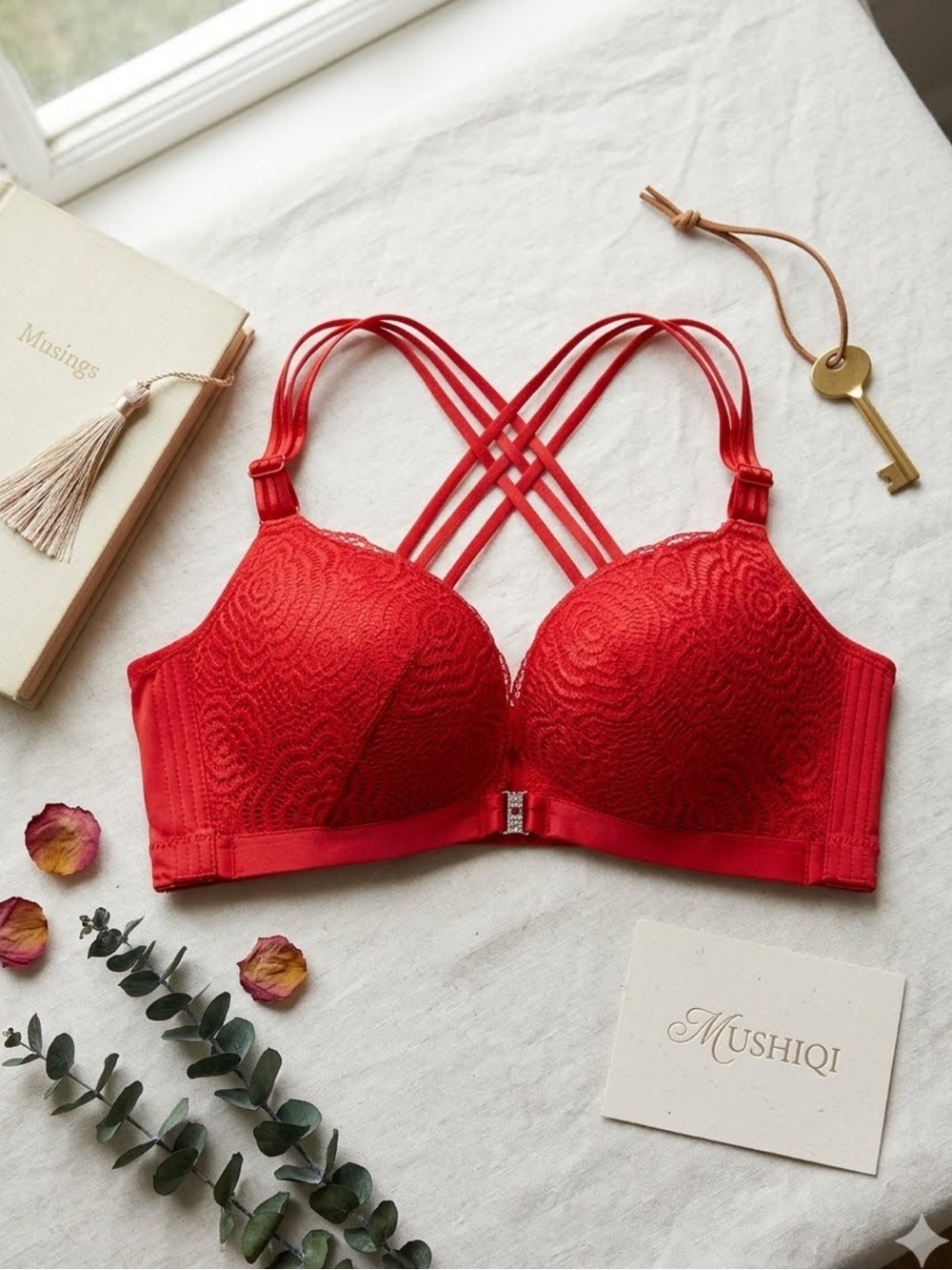 Mushiqi Red lace bra with front Rhinestone closing and strappy details 46D
